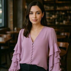 bar III Ruffle Sleeve Blouse V-Neck Button Front Top‎ Elegant Pink XL Nwot